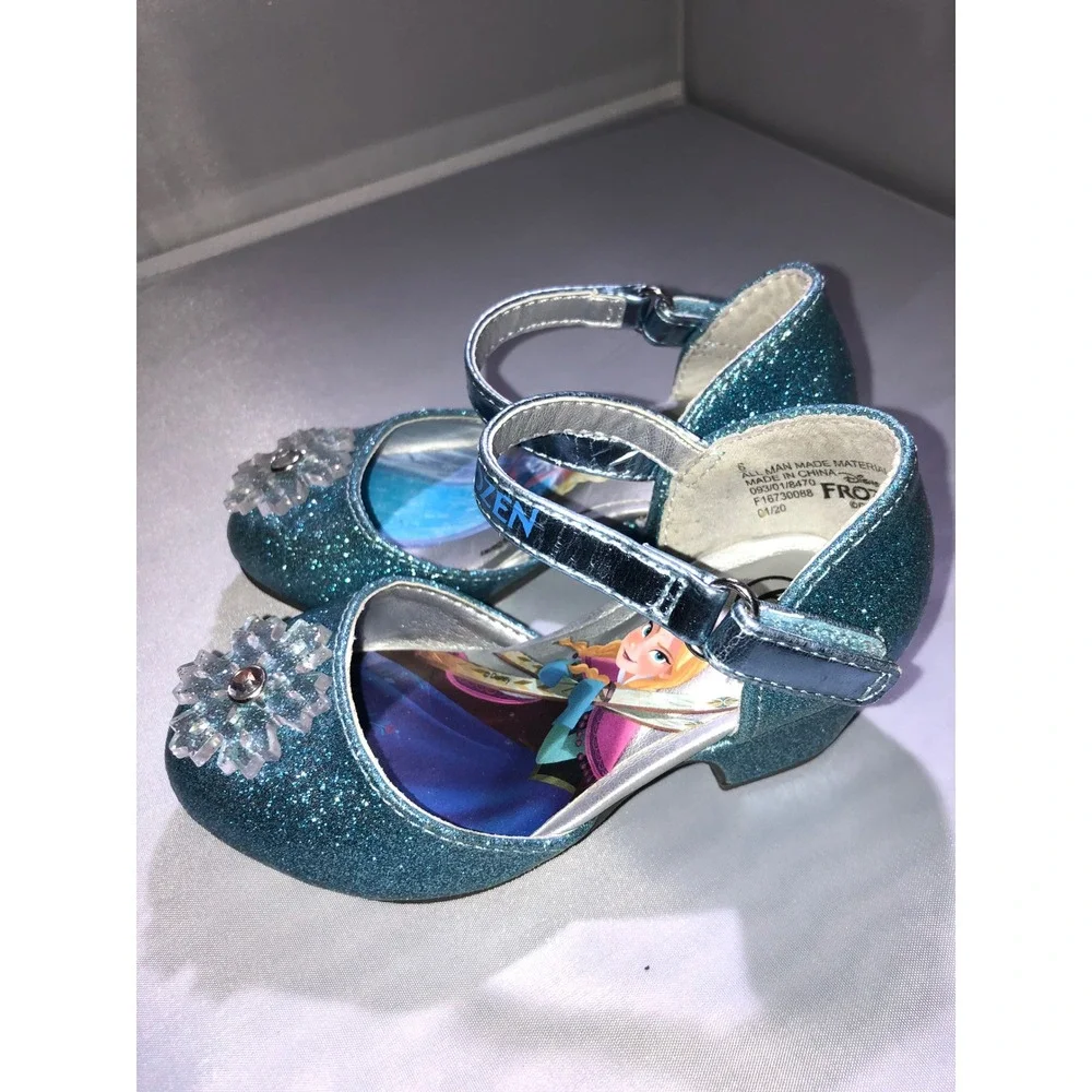 Disney Frozen Elsa Anna Blue Glitter Dress Shoes Snowflake Heels Girls Size 6